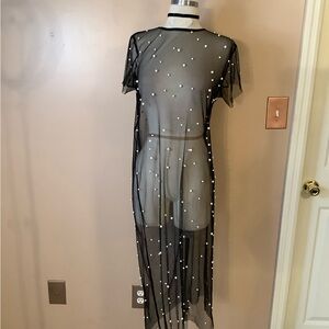 Forever 21 Black Sheer Mesh Net Pearl Embellished Midi Dress Size Medium 8/10.